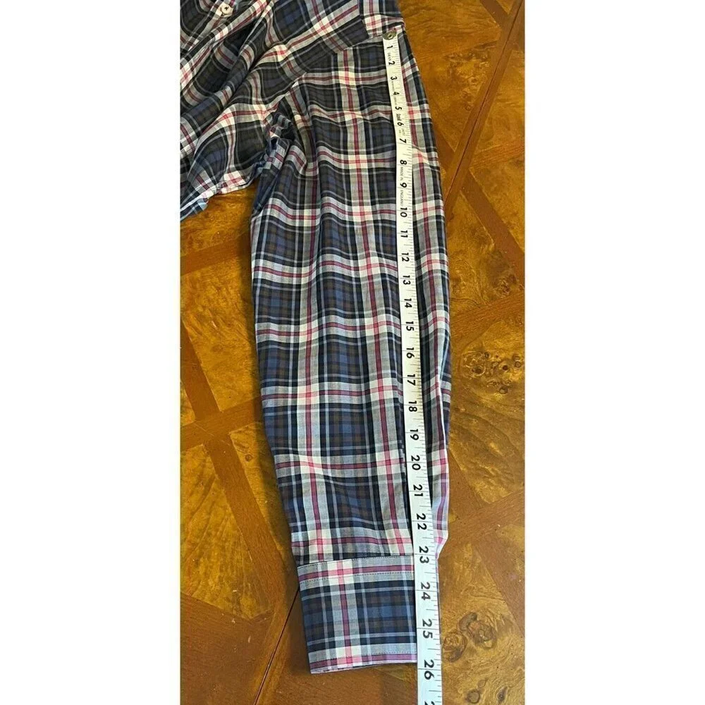 Peter Millar Long Sleeve Button Up Dress Shirt Blue Pink Plaid Sz Large L Cotton